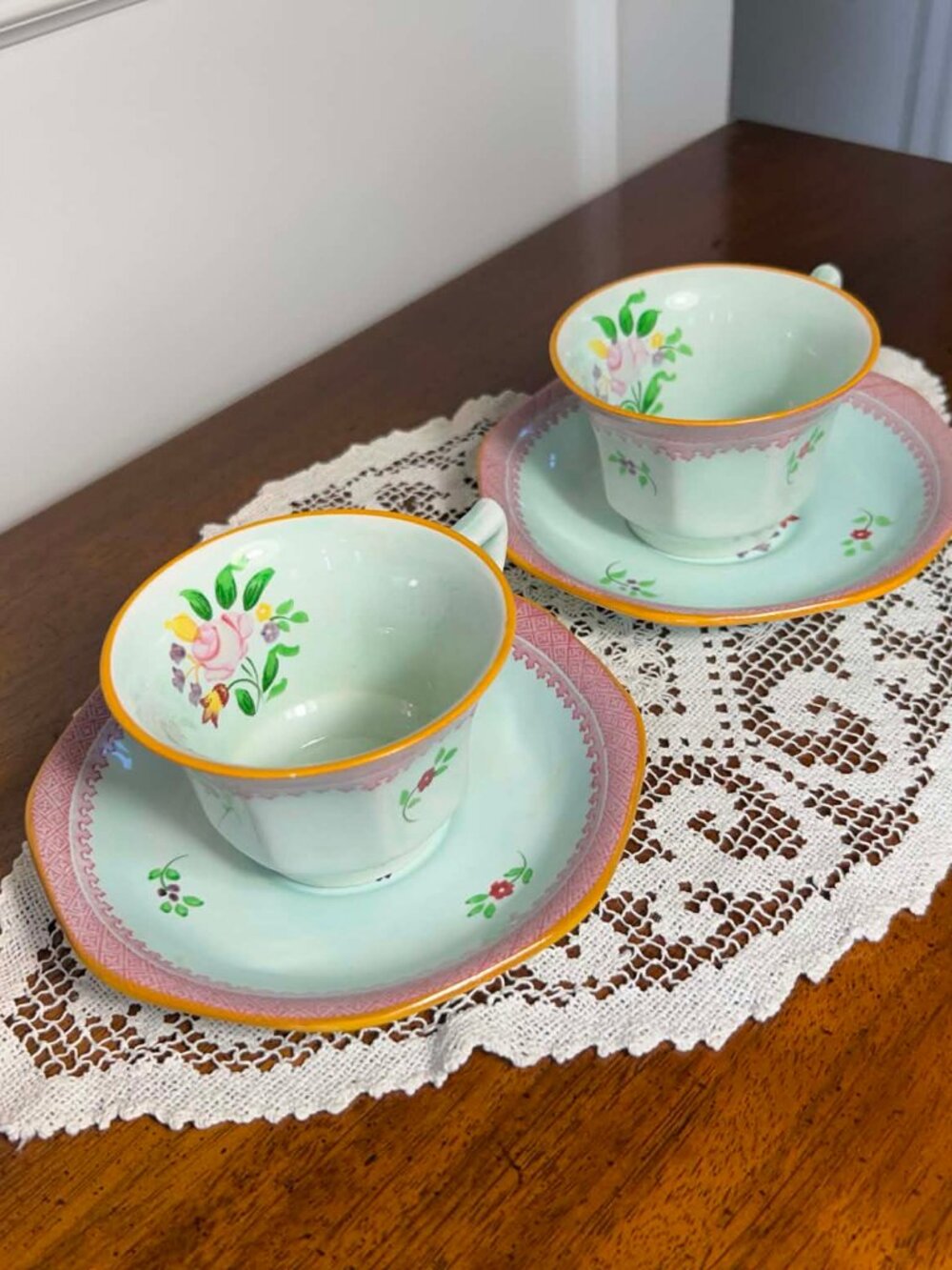 Adams Calyx Ware Lowestoft teacup and saucer sets
